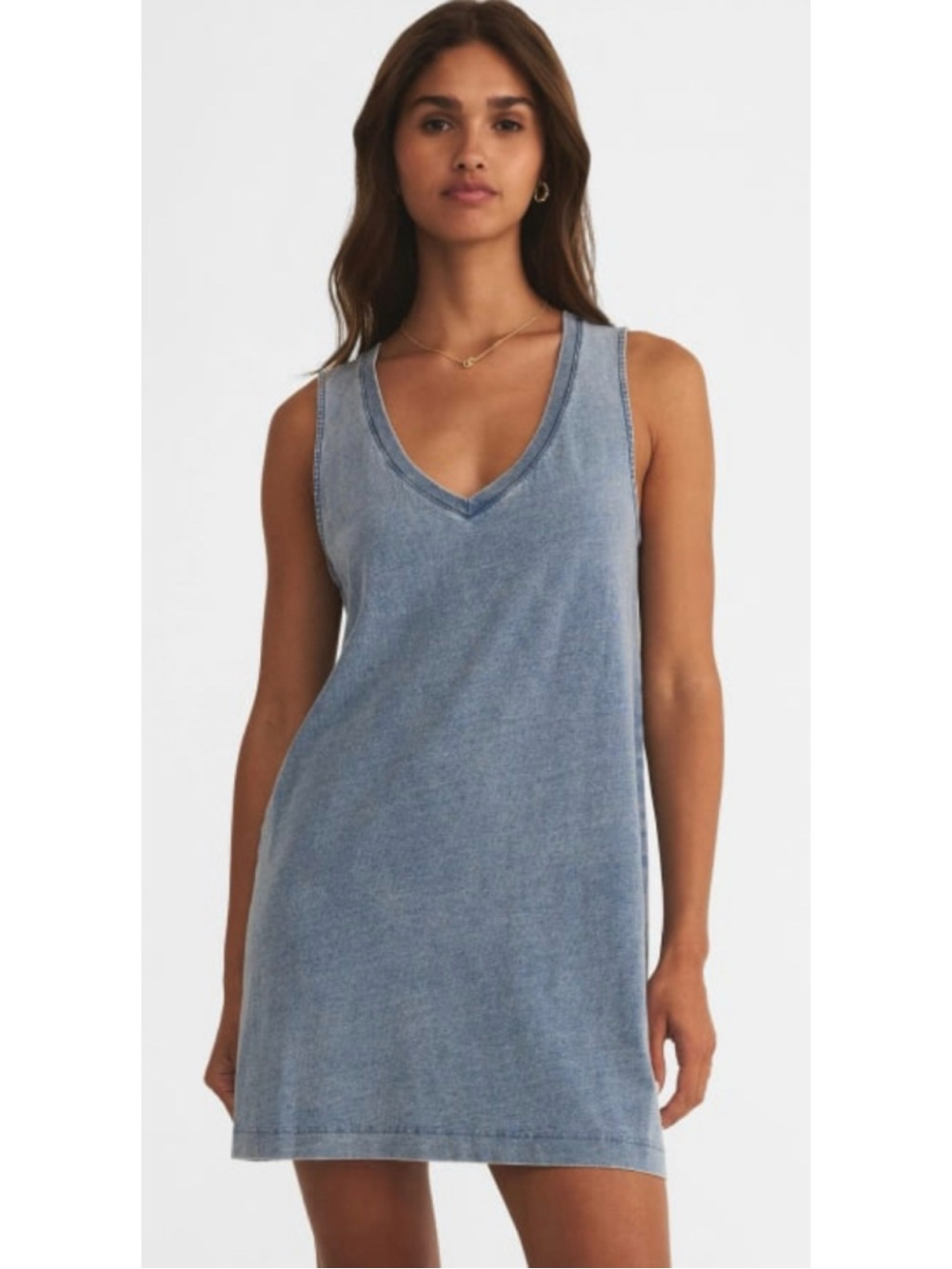 Z Supply Sloane V-Neck Jersey Denim Mini Dress - Picture 3 of 12